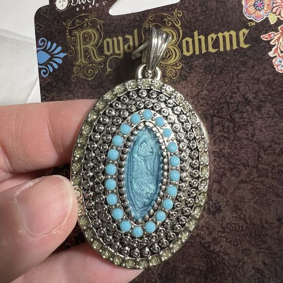 Blue Moon Beads Royal Boheme Metal Oval Pendant Silver and Simulated Turquoise - Picture 4 of 6